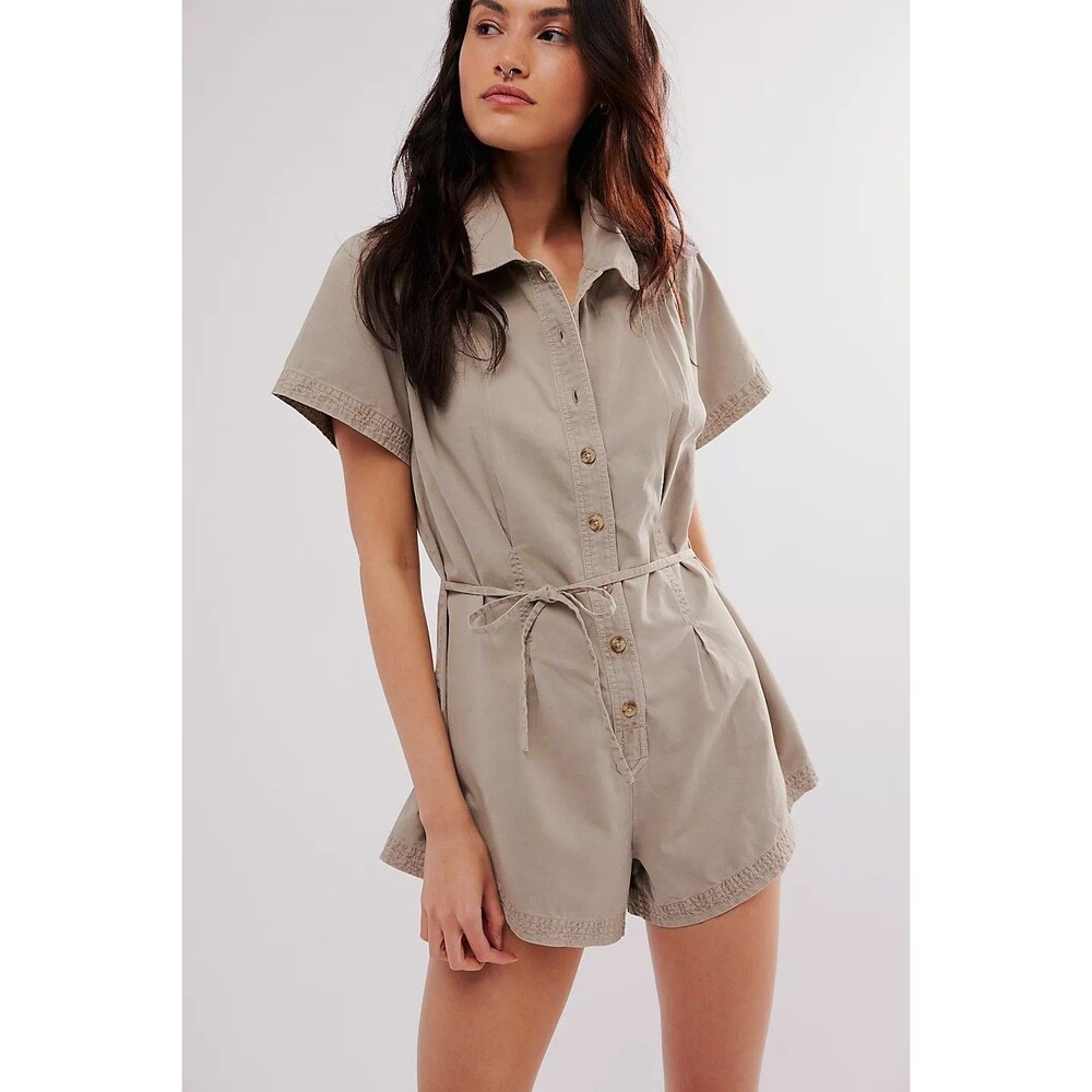 ❤️Free People Keep It Crisp Shortall Romper Short Sleeves Cotton L 285647